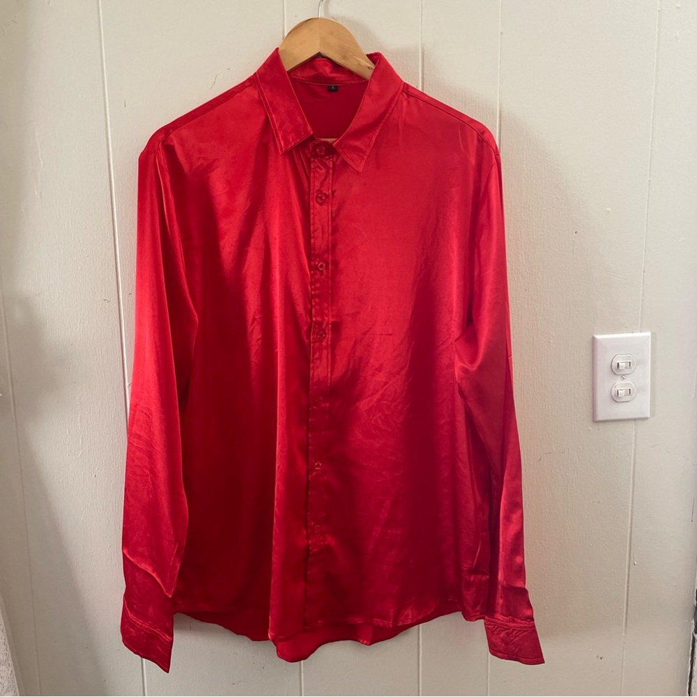 Men's Large Formal Red Satin Button Down Shirt